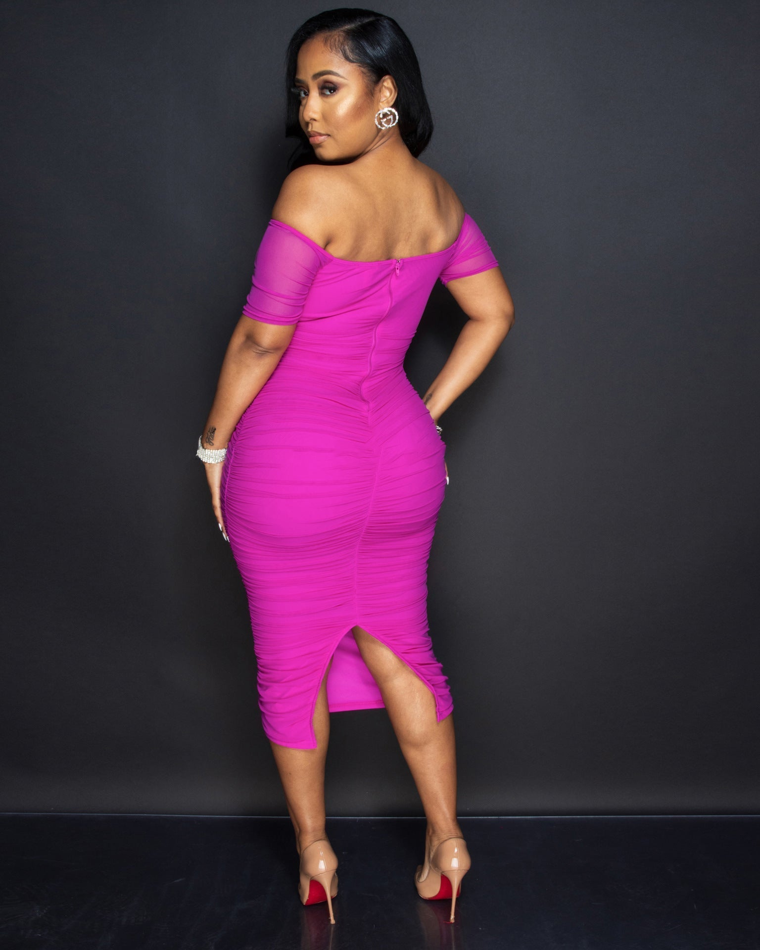 Women Clothing Nightclub Uniforms Mesh Pleats Split off-Shoulder Sexy Dress Bella Mia